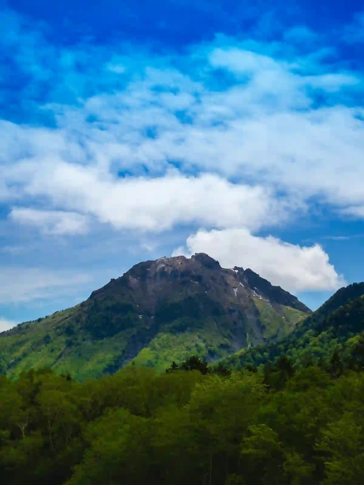 A mountain peak above a green forest under blue sky in the Japan Alps