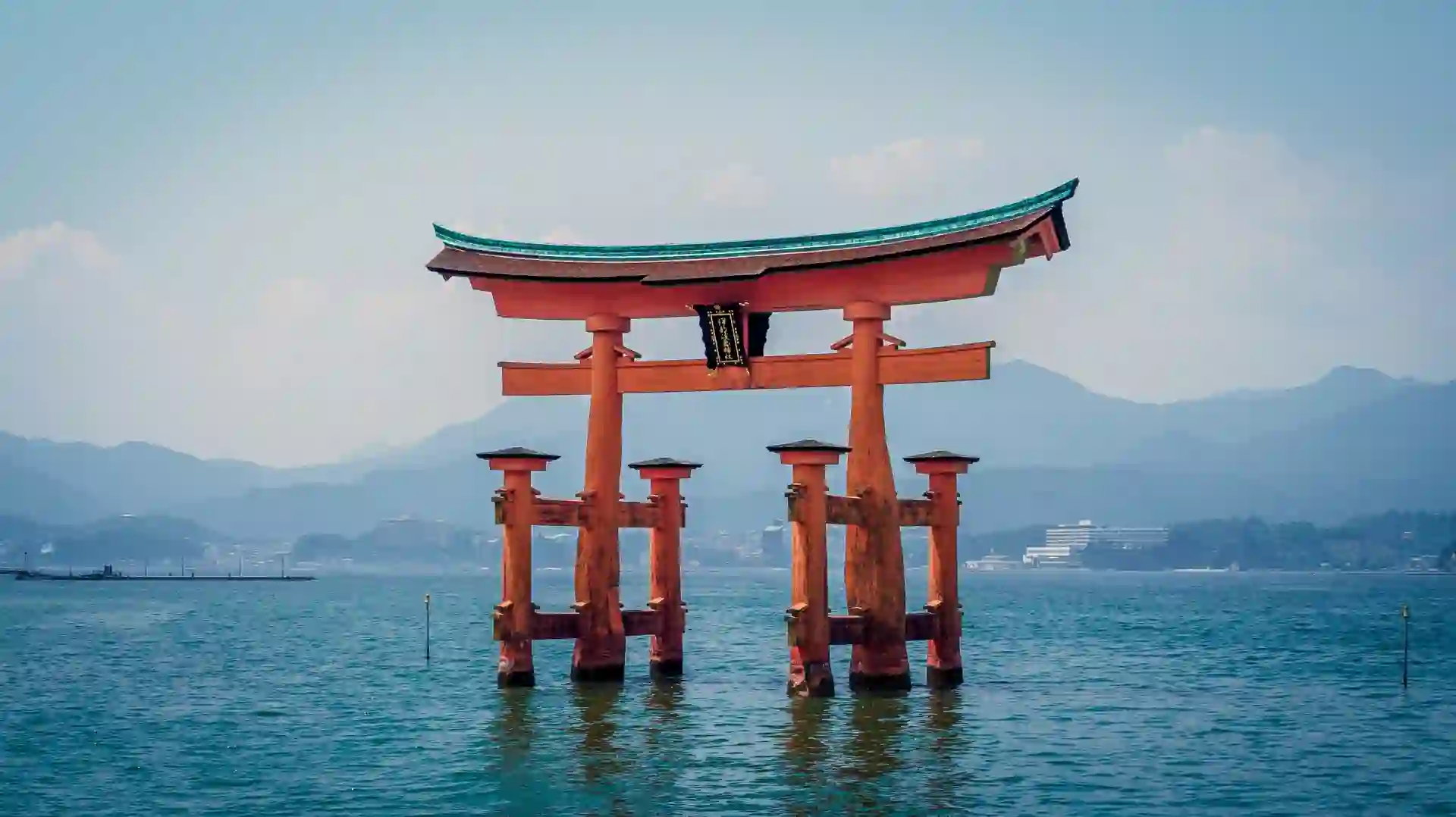 The floating torii gate of Itsukushima Shrine on Miyajima island at high tide